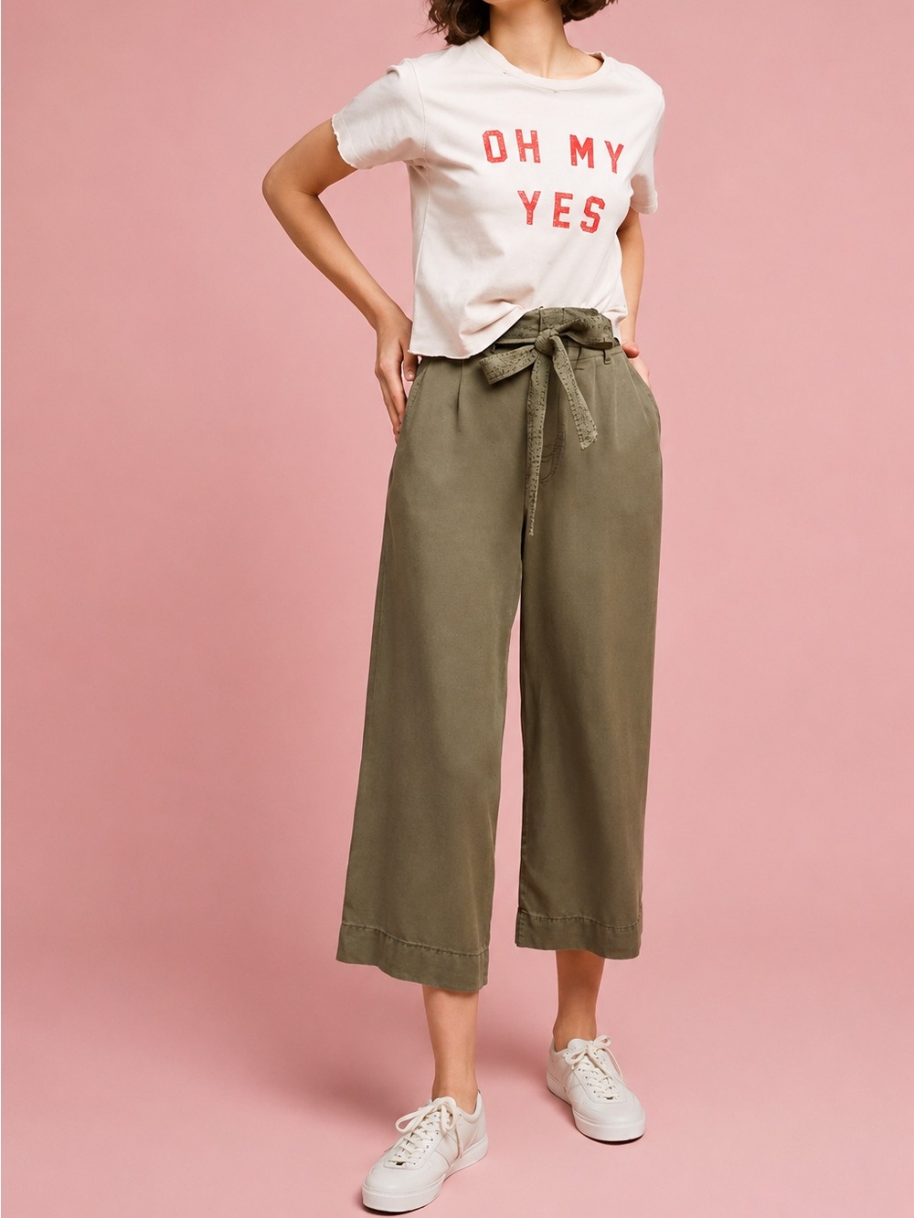 Anthropologie Olive Green Paper Bag Cropped Wide Leg Pants